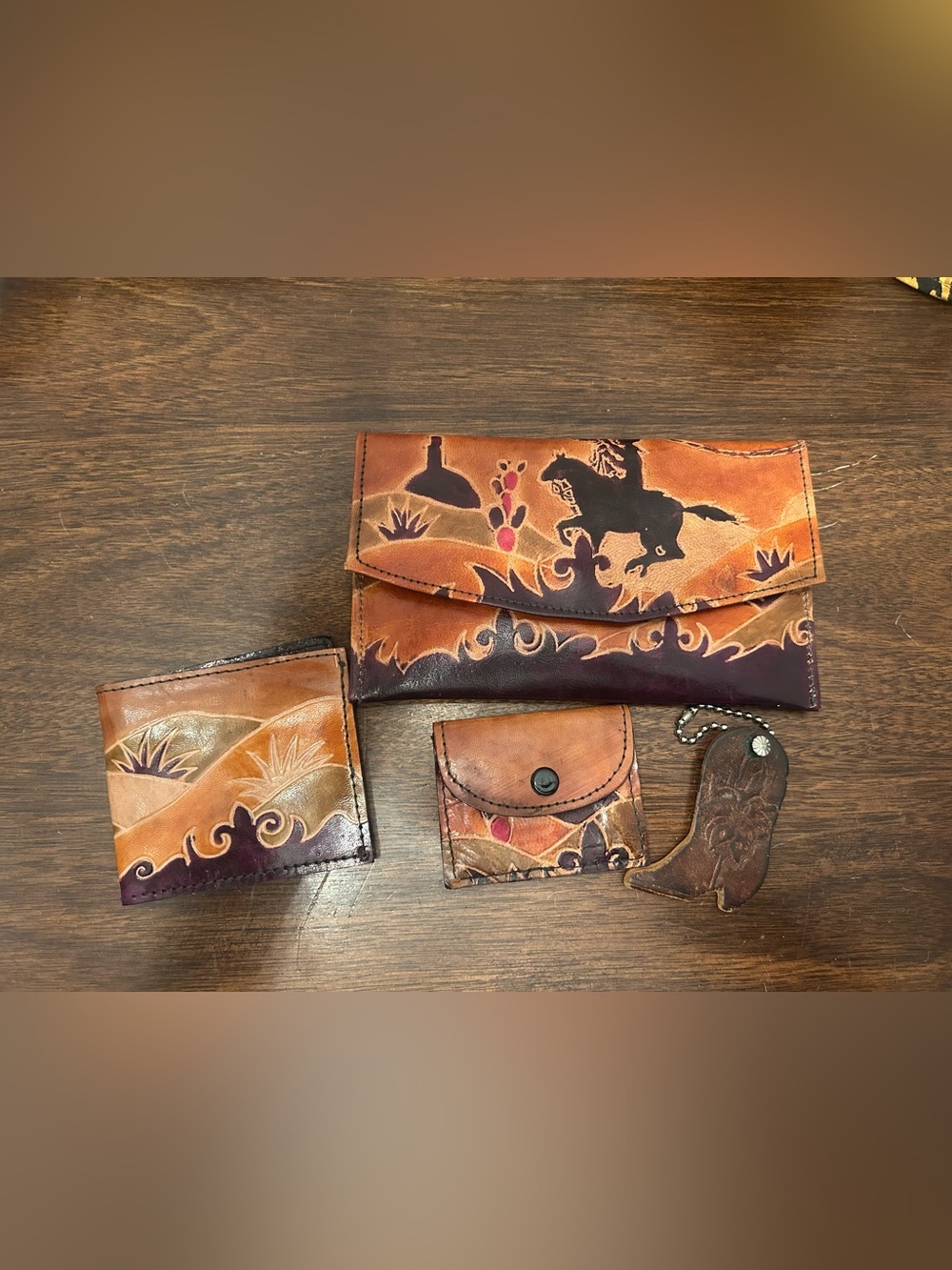 Hand-Painted Western Leather Wallet Set in Brown and Tan